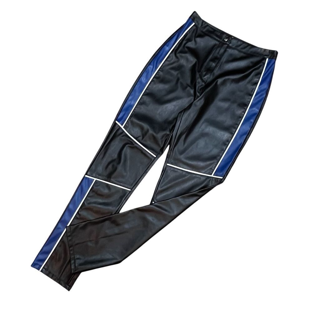 Missguided Black Blue Faux Leather Pants Color Block Goth Moto Edgy Leggings - Picture 7 of 14